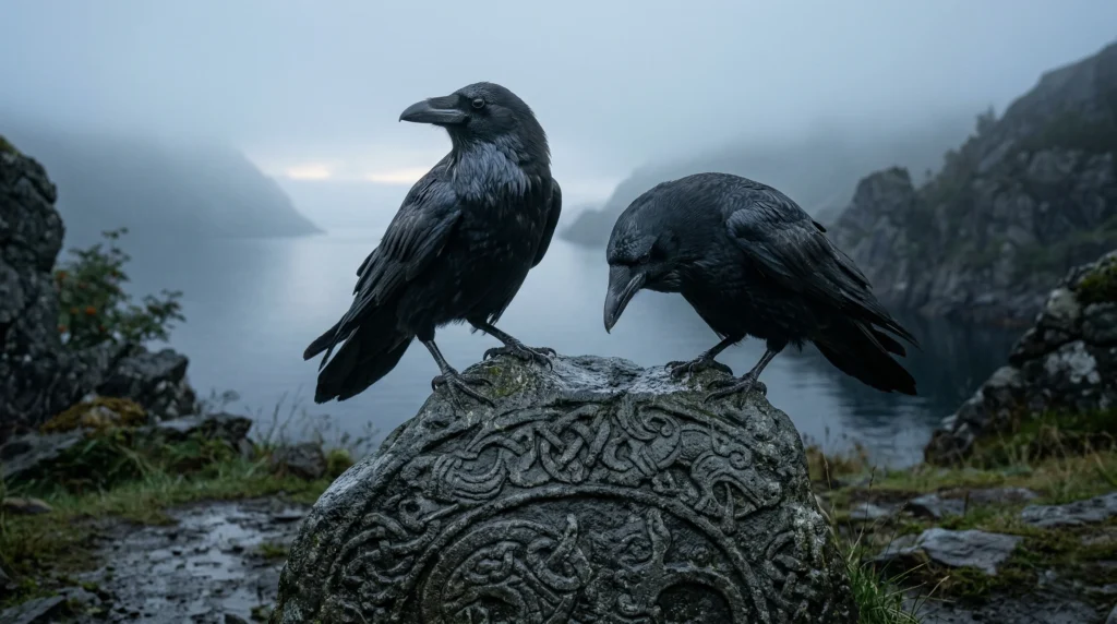 Huginn and Muninn the two ravens of Odin perched on a Viking Age rune stone in Norse mythology