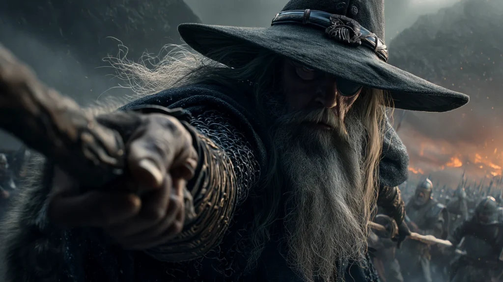 Odin charging into the final battle of Ragnarök at the plain of Vígríðr with his spear Gungnir