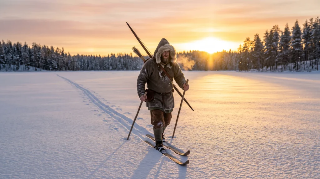 Viking hunter on wooden skis, winter travel across the Norse world