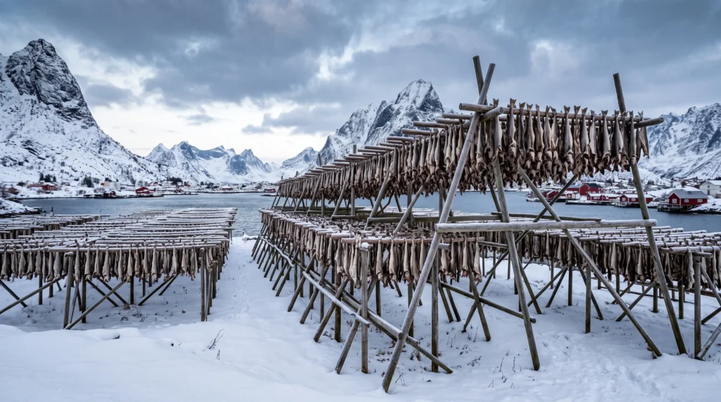 Stockfish drying racks, the preserved cod that fed Vikings through winter