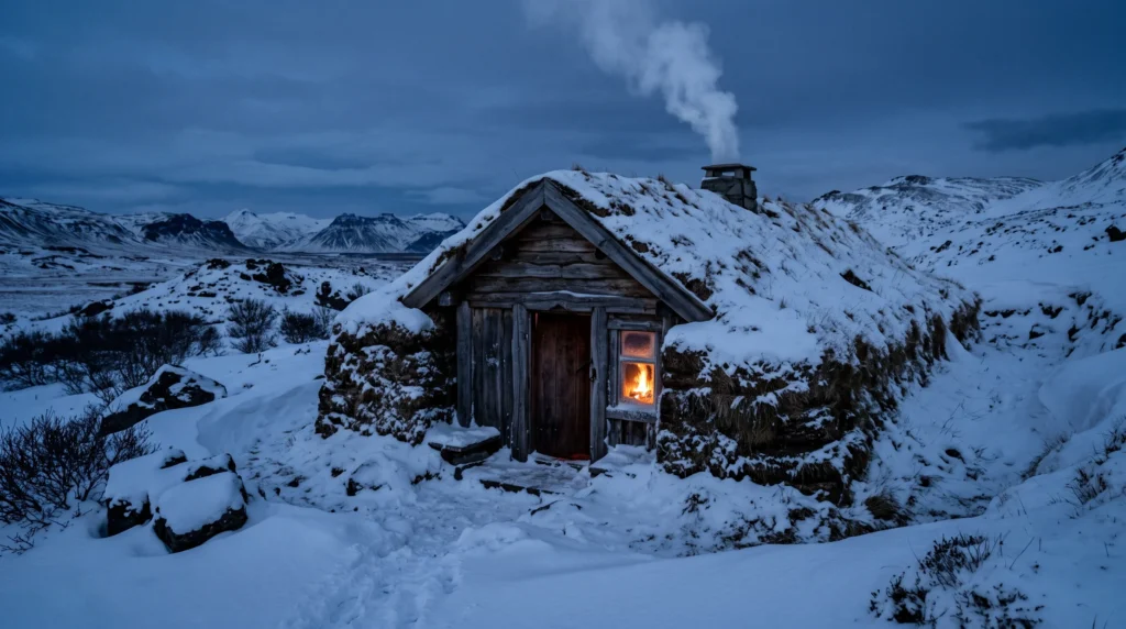 Viking turf longhouse in winter, the thick sod walls that kept Norse families warm