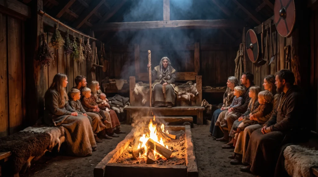 A Völva seeress prophesying in a Viking longhouse during the winter months