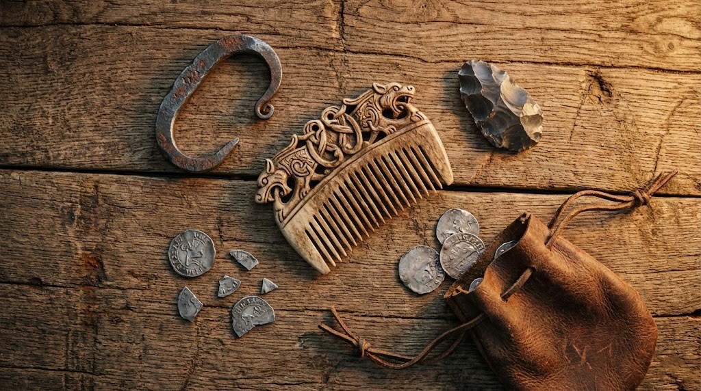 Overhead flat lay photography of Viking everyday carry items arranged on a rough wooden table. Items include: an ornate antler comb, a C-shaped steel fire striker, a piece of flint, a few irregular silver coins (hacksilver), and a small leather pouch.
