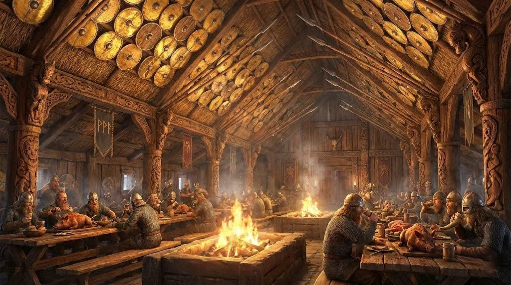 Interior view of the Great Hall of Valhalla. The vast ceiling is thatched with hundreds of golden Viking round shields. The rafters are made of giant spear shafts. Long wooden tables filled with feasting Viking warriors in chainmail. Fire pits, smoke, warm orange lighting, haziness, smell of meat and mead, intricate wood carvings