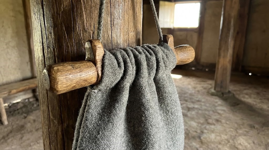 A historical Viking Hedeby bag hanging on a wooden post. The bag is made of coarse grey wool fabric. Focus on the distinct wooden handles at the top (two wooden strips) that close the bag.