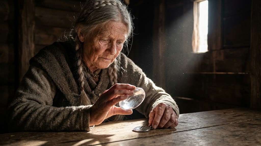 An elderly Viking woman (Seeress) examining a small silver amulet using a "Reading Stone" (crystal lens). She slides the flat part of the crystal over the object on a wooden table.