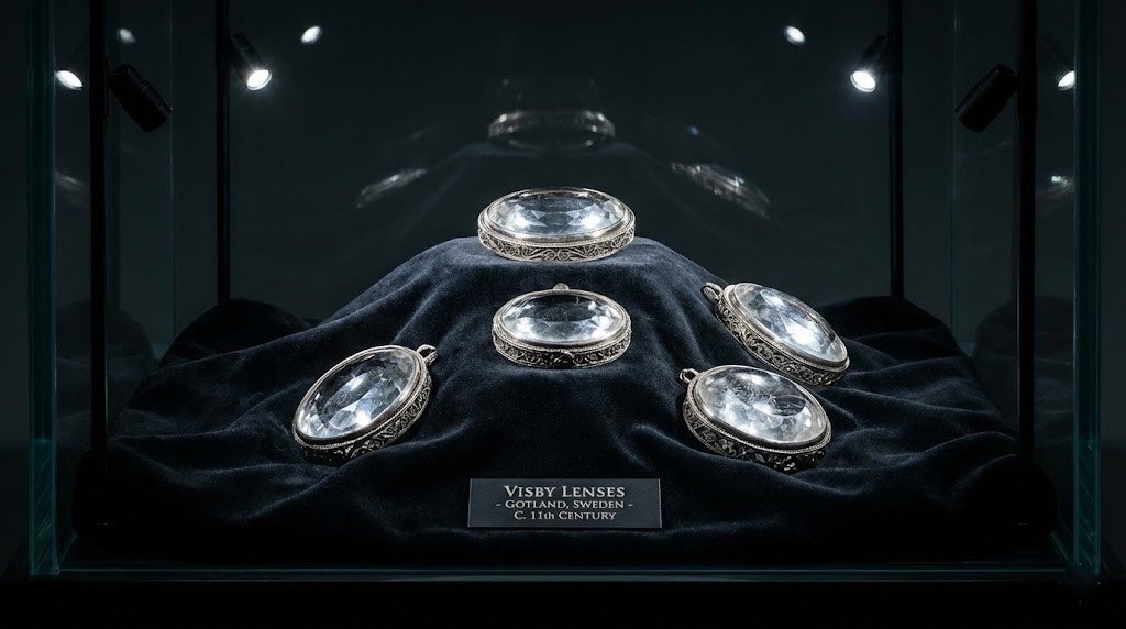 photography of the "Visby Lenses". Several polished elliptical quartz crystals resting on dark velvet. They look like jewelry but shaped like optical lenses. Silver settings around the edges.