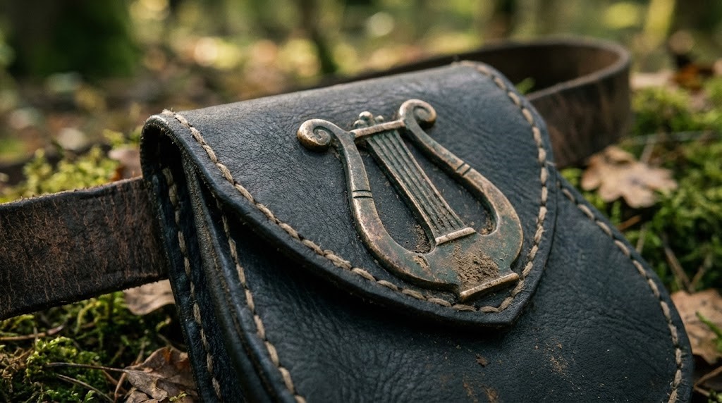 Viking leather belt pouch attached to a leather belt. Historical reproduction of a Birka Tarsoly. The pouch has an intricate bronze lyre-shaped fitting on the lid. Aged dark leather texture, visible stitching, medieval craftsmanship, shallow depth of field, blurred forest background