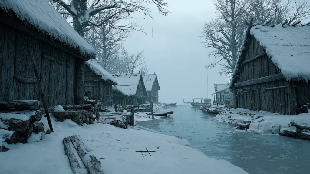 Fimbulwinter the great three-year winter that precedes Ragnarök in Norse mythology, a frozen Viking Age landscape
