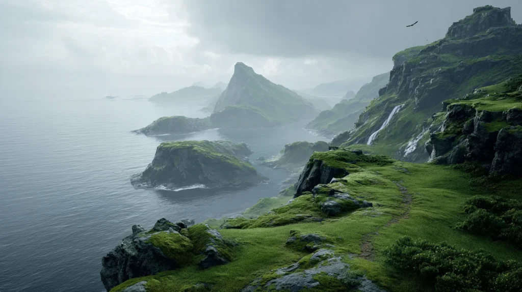 The new world rising from the sea after Ragnarök in Norse mythology, green and fertile under a pale dawn sky