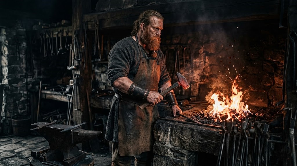 Viking Age Norse warrior holding Mjolnir hammer in front of a forge fire, historically accurate Thor Norse mythology