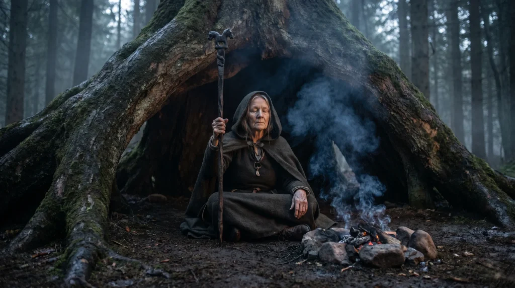 A Norse völva seeress performing Seiðr ritual beneath the roots of Yggdrasil