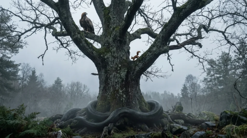 The creatures of Yggdrasil including the eagle at the top and Níðhöggr the dragon at the roots