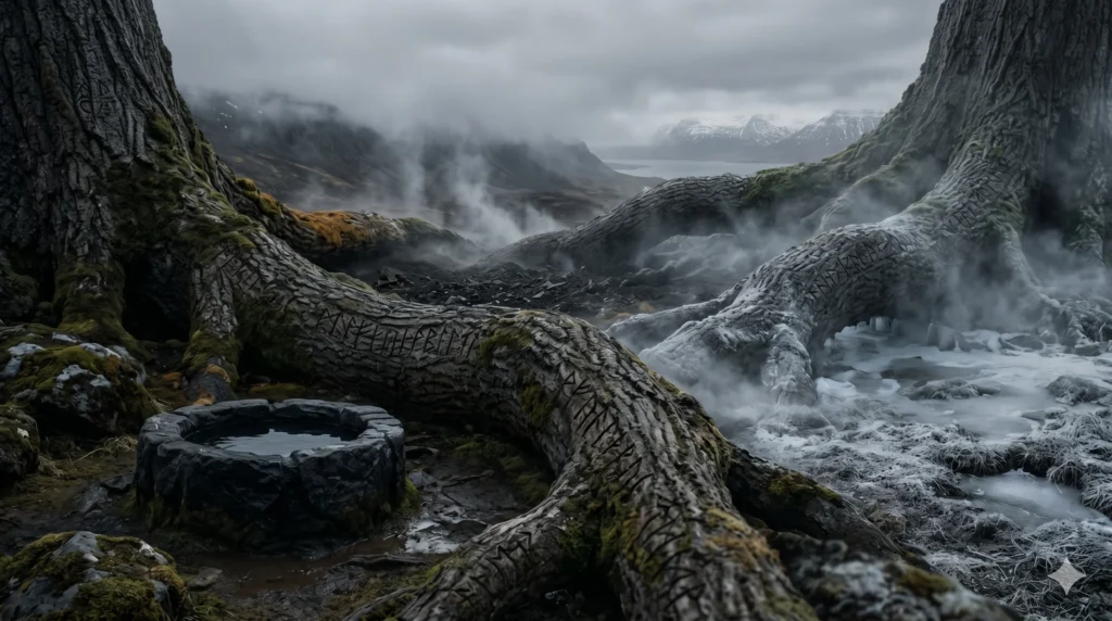 The three roots of Yggdrasil extending toward three wells in Norse mythology