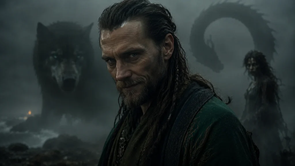 Loki the trickster and his monstrous children Fenrir, Jörmungandr and Hel