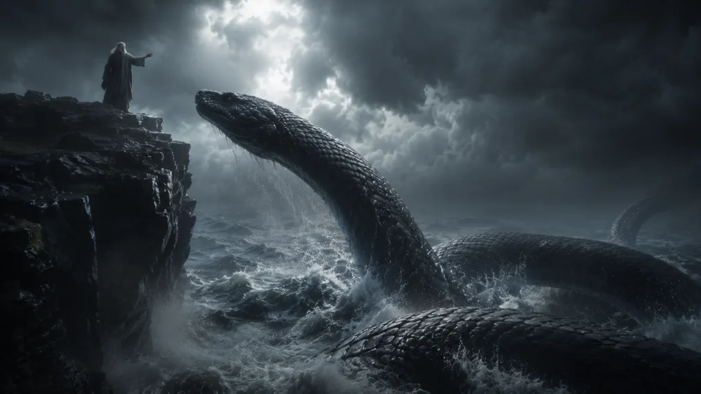 Odin casting the young Jörmungandr into the ocean surrounding Midgard
