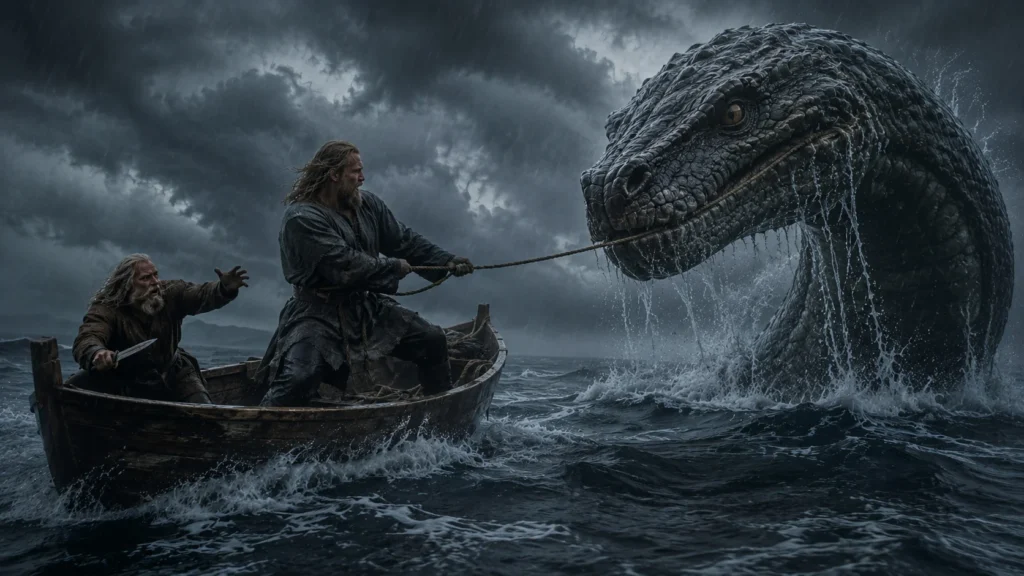 Thor hauling Jörmungandr from the sea during the fishing trip with the giant Hymir