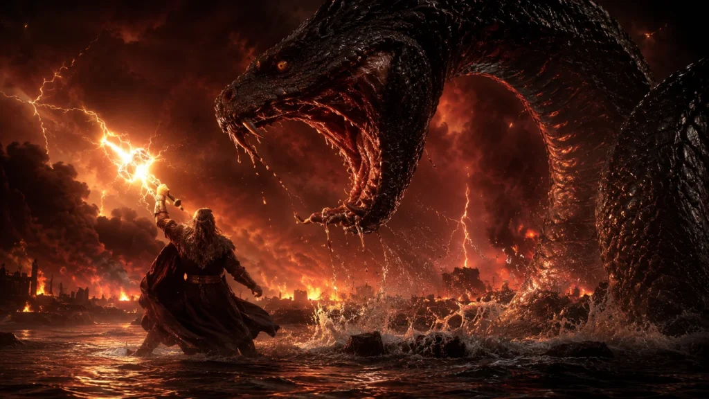Thor and Jörmungandr in their final mutual duel at Ragnarök
