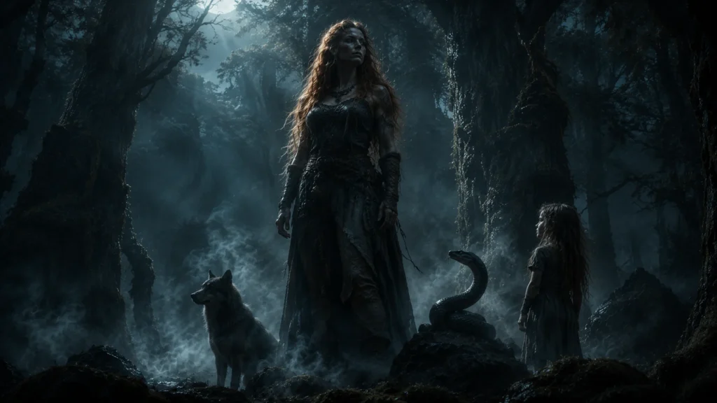 The giantess Angrboða with her three children Fenrir, Jörmungandr and Hel in Jötunheim