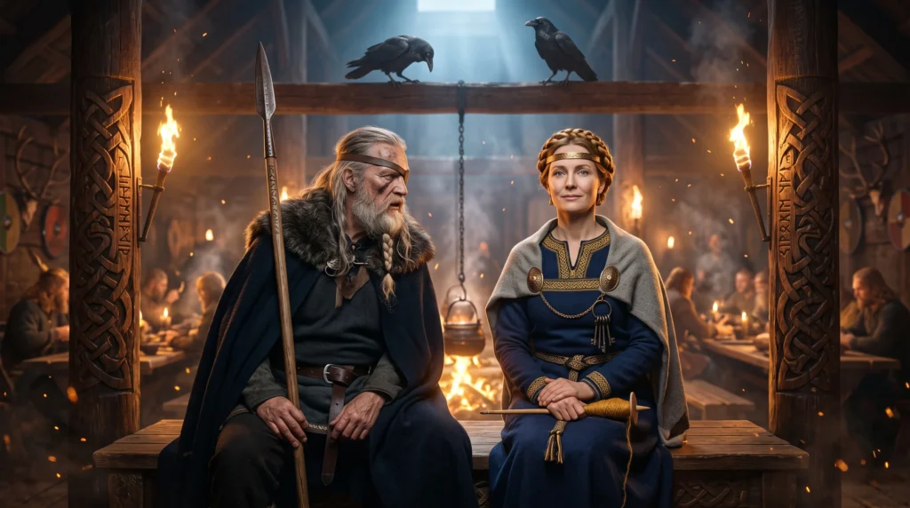 Frigg and Odin seated side by side on the high seat of Asgard, the silent queen beside the one-eyed Allfather