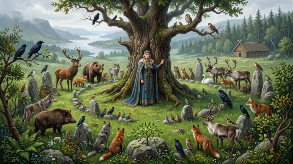 Frigg taking oaths from animals, stones and plants across the nine worlds to protect her son Baldr