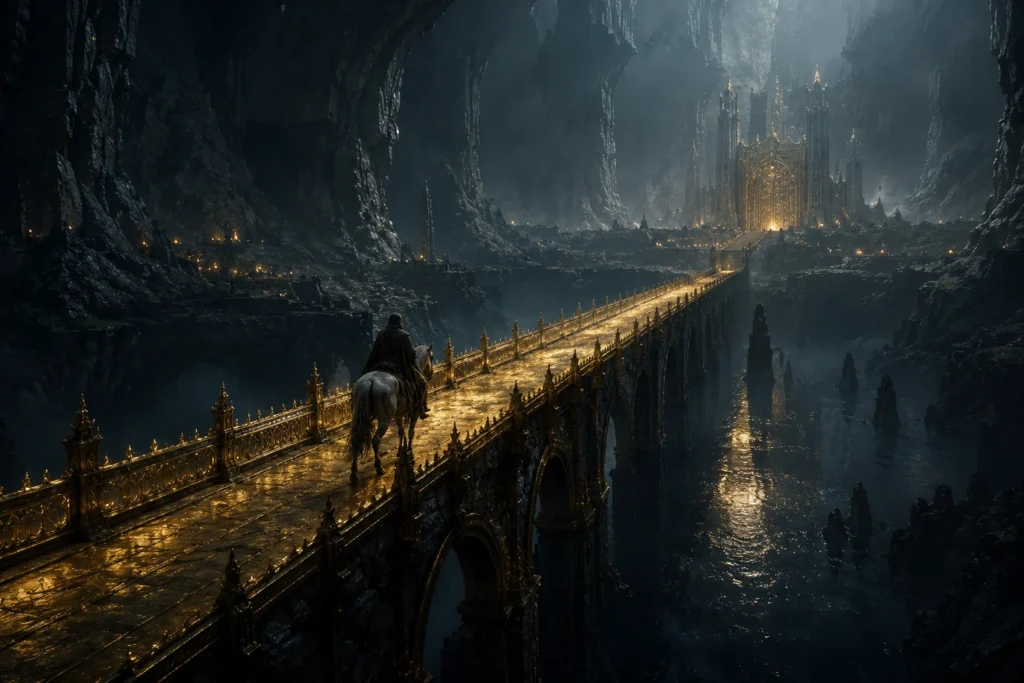 The Hel-road and the golden bridge Gjallarbrú leading to the gates of Hel's realm