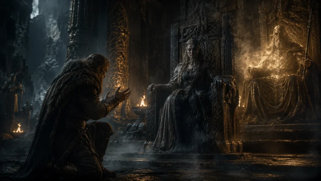 Hermóðr pleading before Hel for the release of Baldr in the hall of the dead