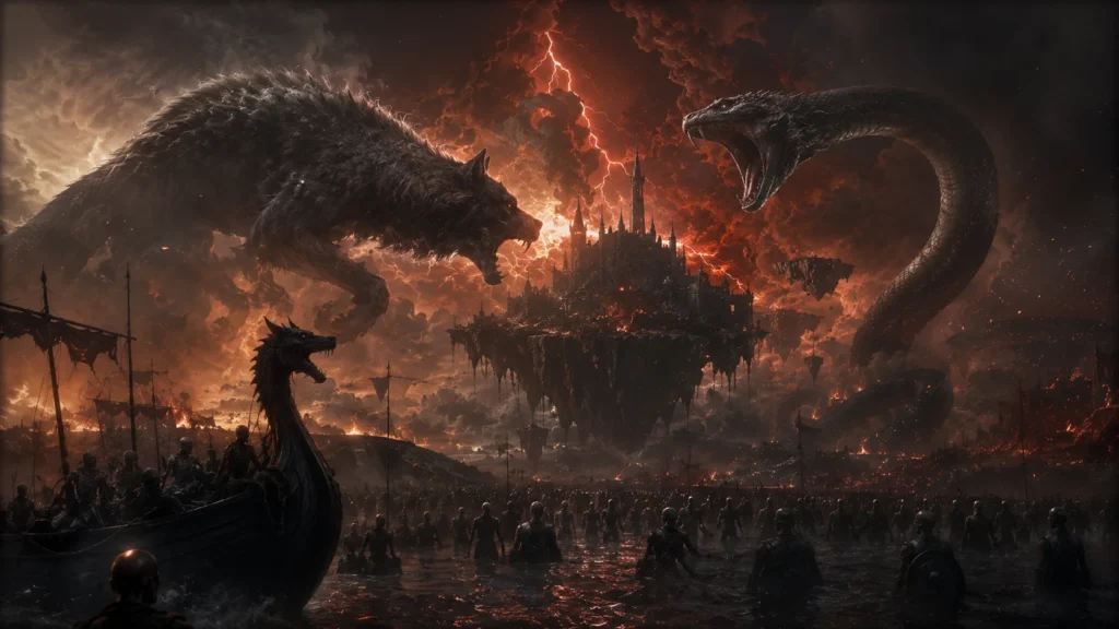 The children of Loki converging on Asgard at Ragnarök, the wolf, the serpent and the armies of the dead