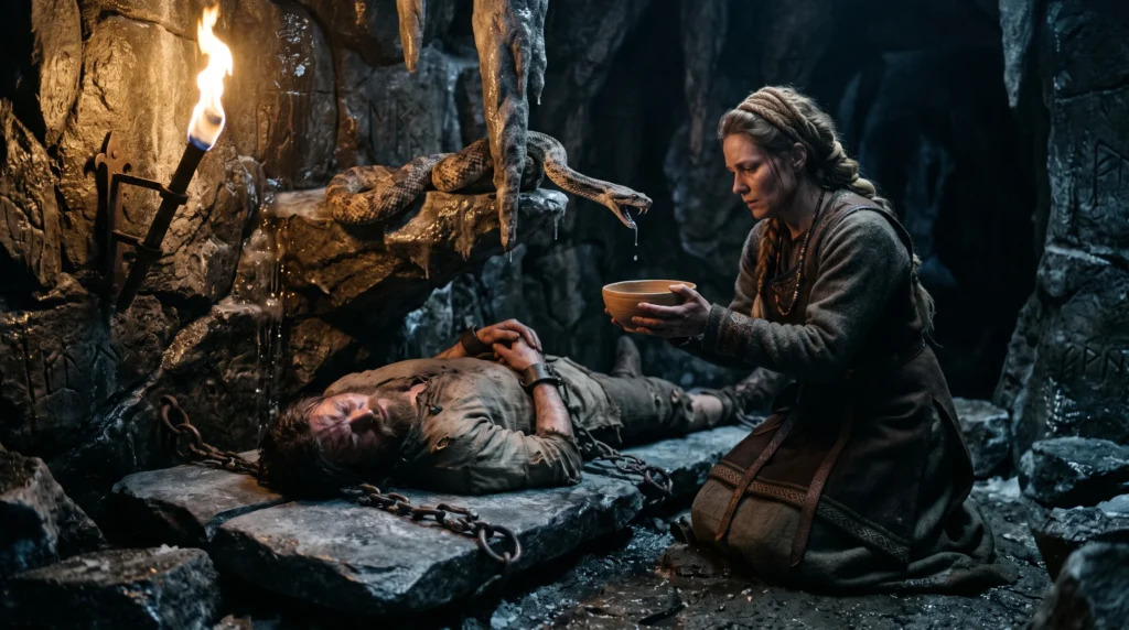 Sigyn holding the bowl over the bound Loki, tied with the entrails of his son Narfi