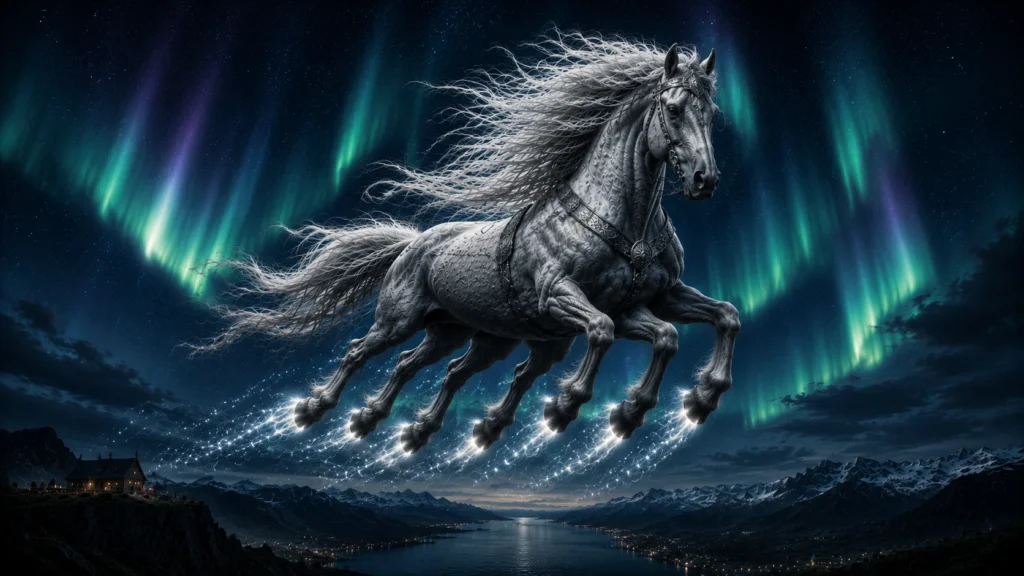 Sleipnir the eight-legged horse of Odin, the child Loki gave birth to