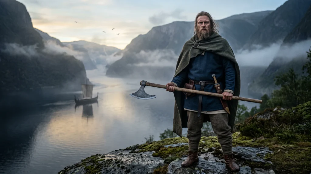 Viking warrior with two-handed Dane axe in accurate wool clothing