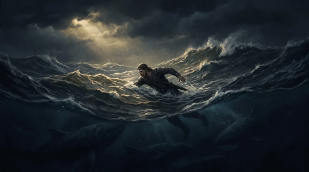 Beowulf swimming through a storm while sea creatures circle below, illustrating wyrd and courage in the poem.