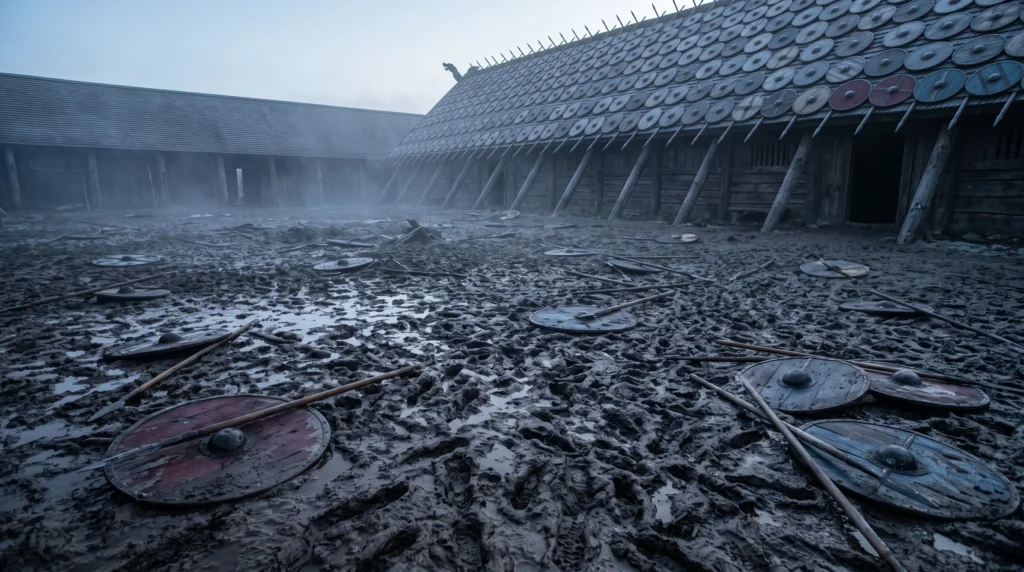 An empty muddy courtyard at dawn with fallen shields and spears, where the einherjar fight each day