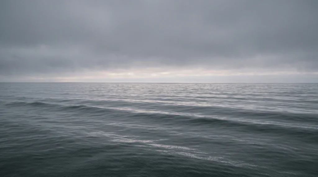 A cold empty northern sea under a low grey horizon, where the drowned belonged to Rán in Norse belief