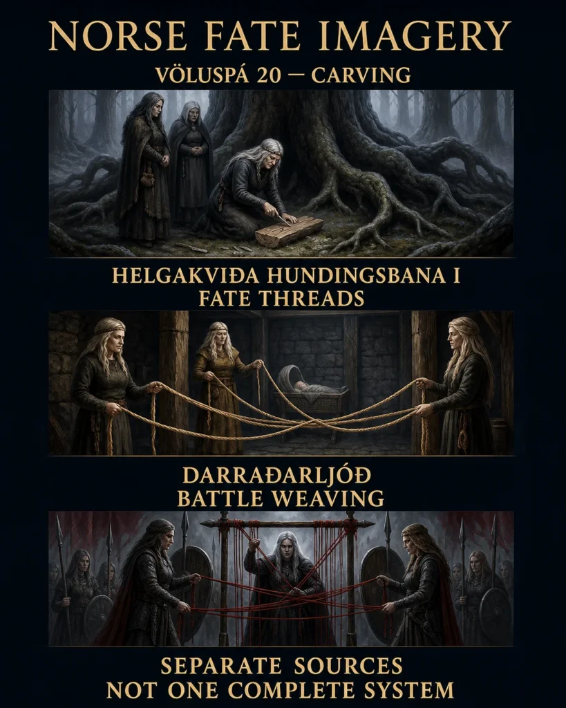Three-panel comparison of carving in Völuspá, fate threads in Helgakviða Hundingsbana I, and battle weaving in Darraðarljóð.