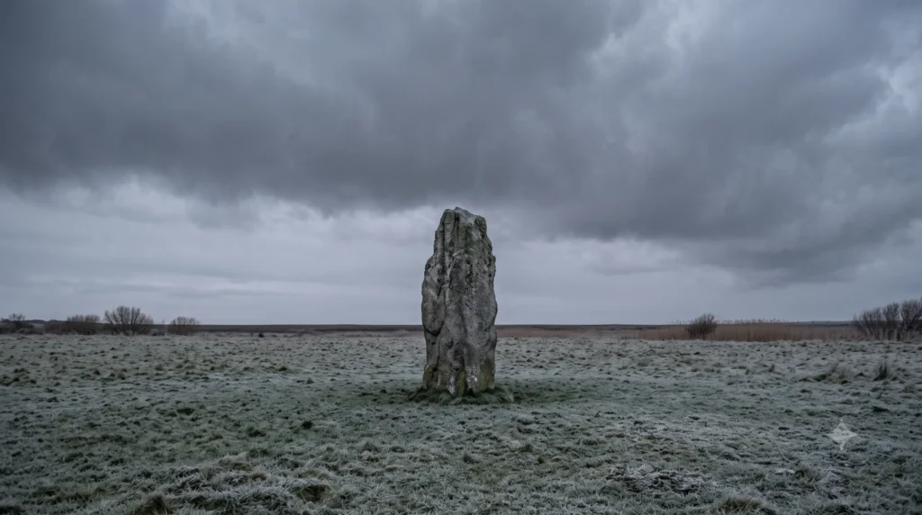 A single standing stone on open northern ground at dusk, evoking remembrance of the fallen