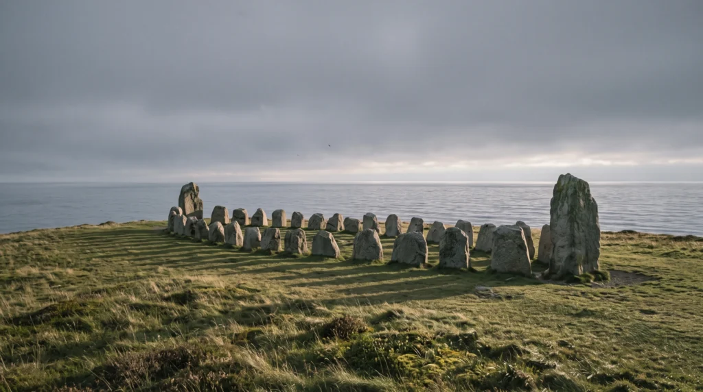 Stone ship setting of large standing boulders arranged in a hull shape on a clifftop above the sea