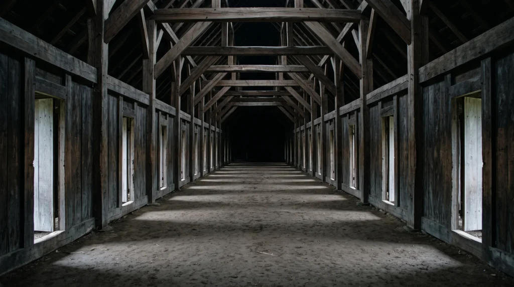 The interior of an immense hall with countless doorways receding into darkness, evoking the 540 doors of Valhalla