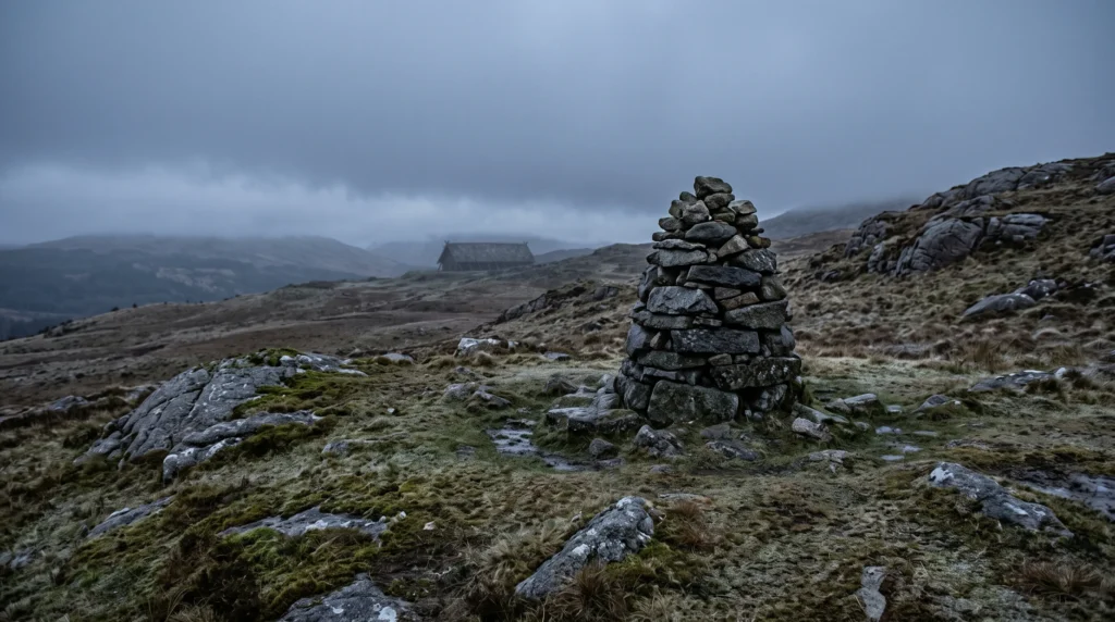 A stone cairn on a bare northern hillside, evoking the older reading of Valhalla as a rock of the slain