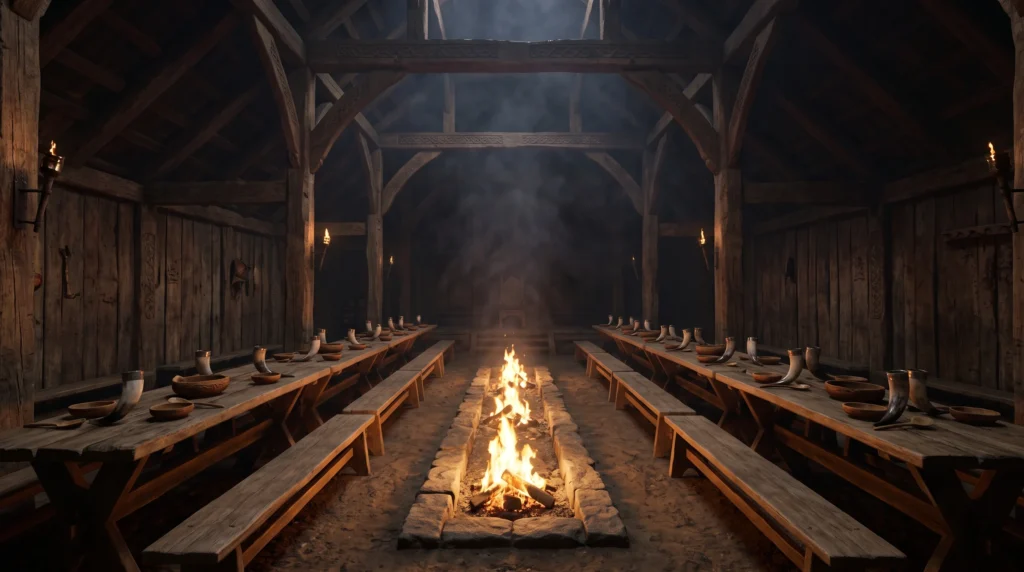 The interior of a Norse mead hall at night with a long central fire and empty benches set for a feast