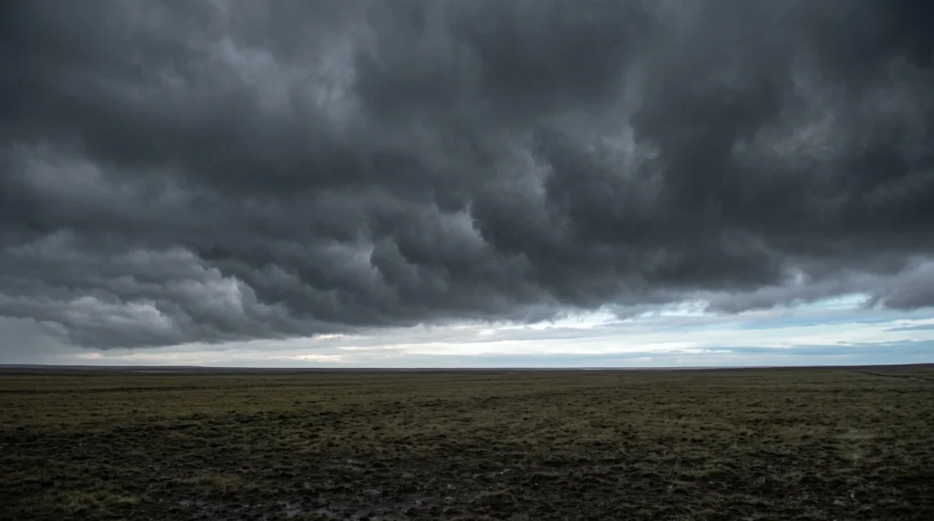 An empty plain under a darkening sky, the field where the einherjar are destined to fight at Ragnarök