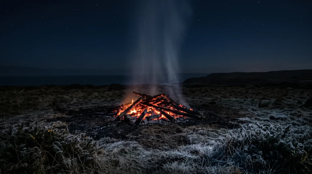 Embers of a Viking Age funeral pyre burning down at night on open ground