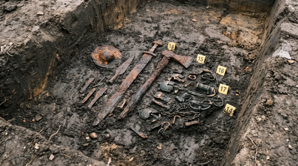 Viking Age grave goods lying in situ in an excavation trench: iron weapons, tools and corroded fittings in dark soil