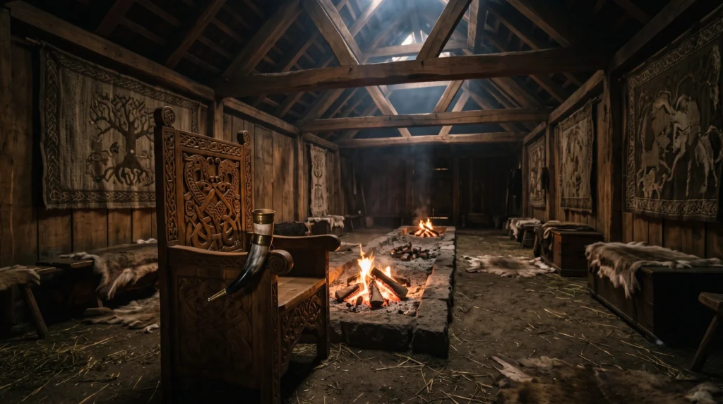 Interior of a Viking Age longhouse at night with an empty carved high seat and a drinking horn resting on its arm