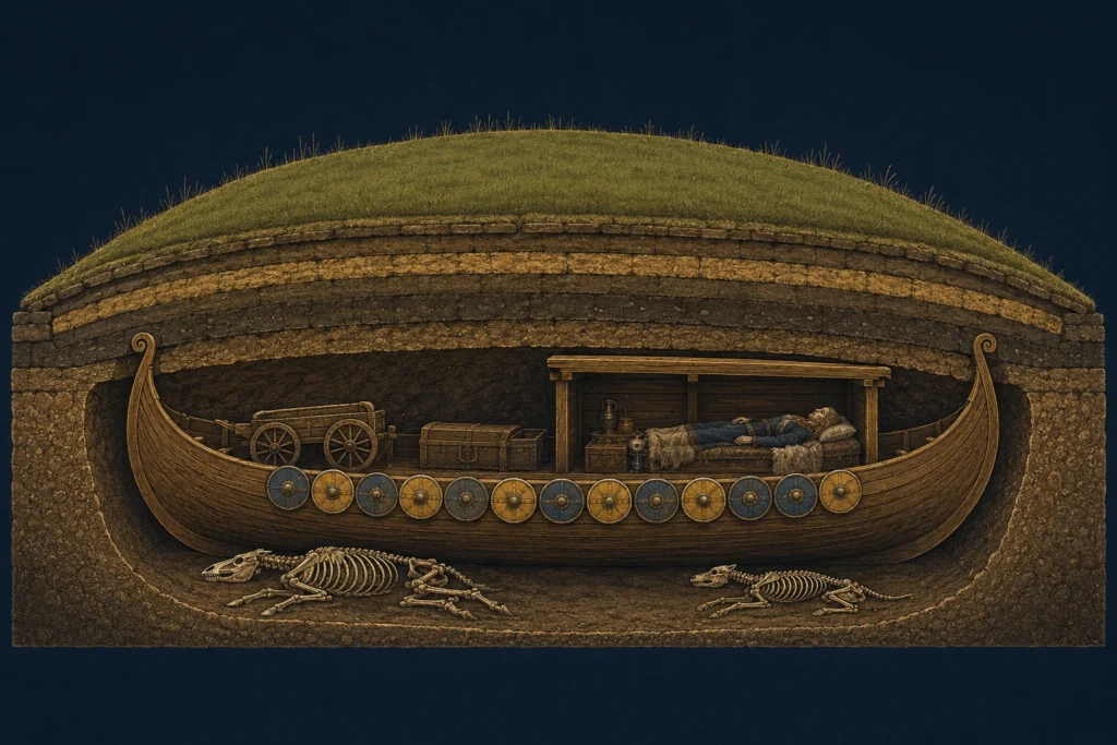 Cross-section diagram of a Viking ship burial showing the hull, the timber chamber behind the mast and the turf mound above