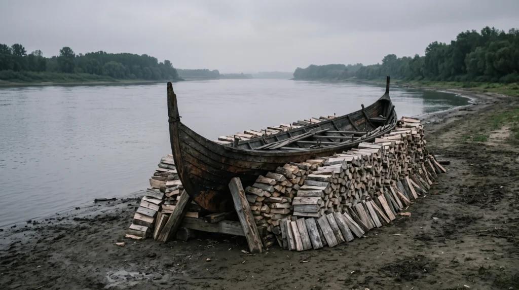 A Norse ship drawn up onto a river shore, propped on timbers and surrounded by stacked firewood
