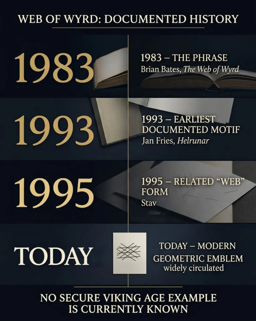 Timeline showing the phrase Web of Wyrd in 1983, the earliest documented motif in 1993, a related web form in 1995, and its modern use.