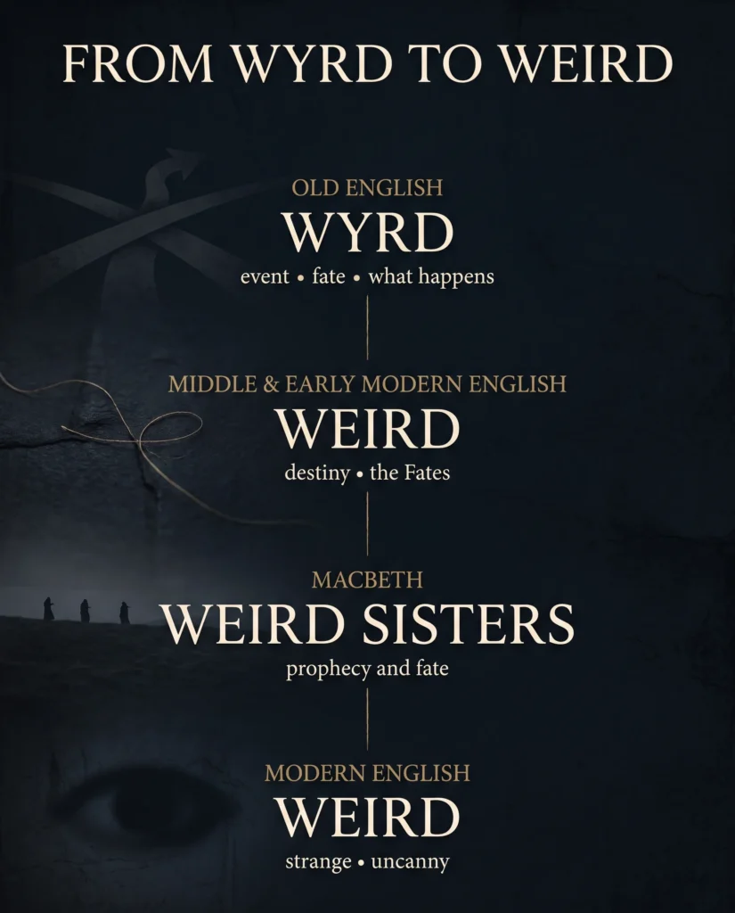 Timeline from Old English wyrd, meaning event or fate, to the modern English word weird.