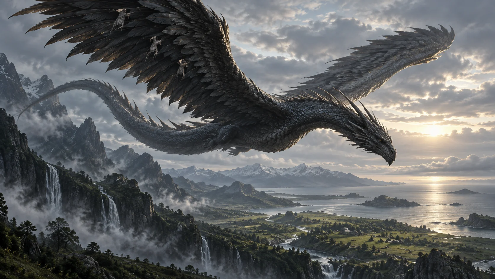 Modern illustration of Nidhogg flying above a green coastline with small human figures carried among his dark wings.