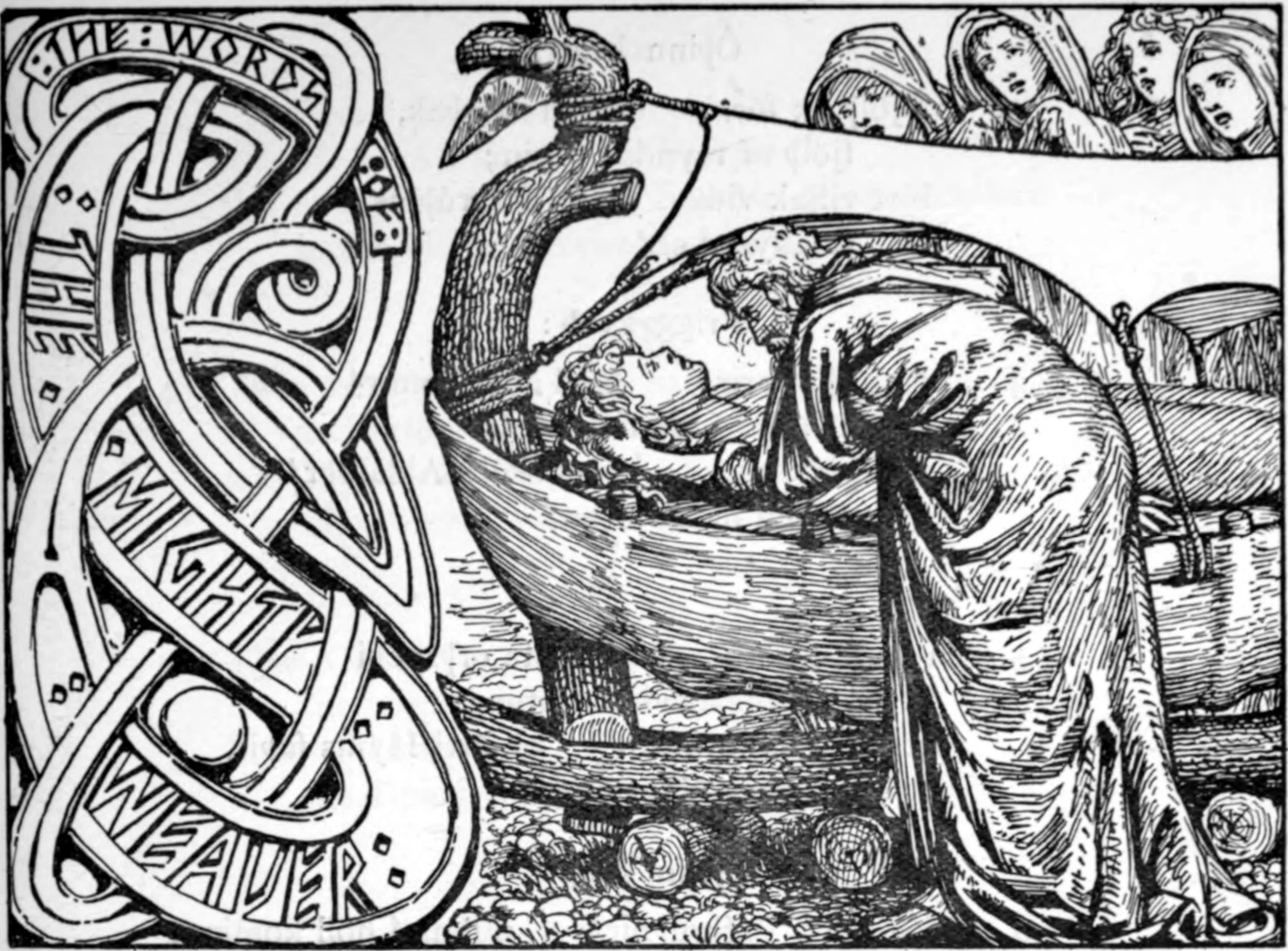 Odin bending over Baldr in his funeral ship, in Collingwood’s 1908 illustration.